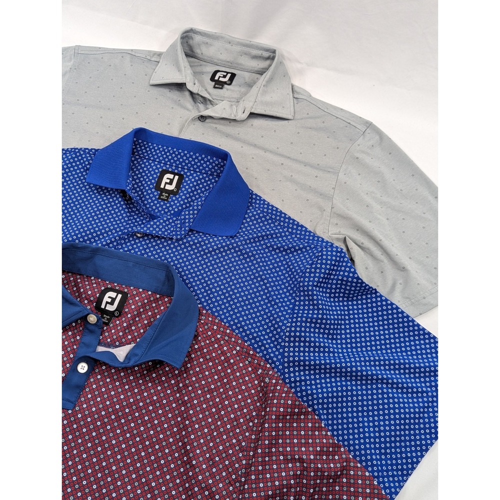 3) Three Footjoy Polo Shirt Mens Large Golf Wicking Polyester All Over Print EUC